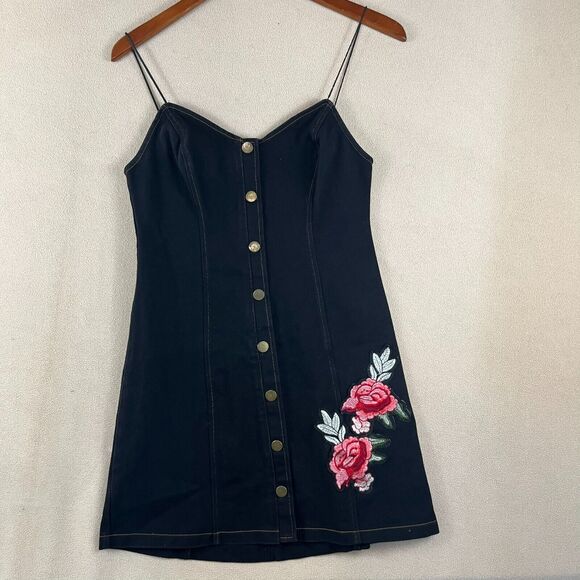Lush Womens Dress SM Denim Bodycon Mini Roses Floral Spaghetti Strap Stretch Y2K - Picture 1 of 8